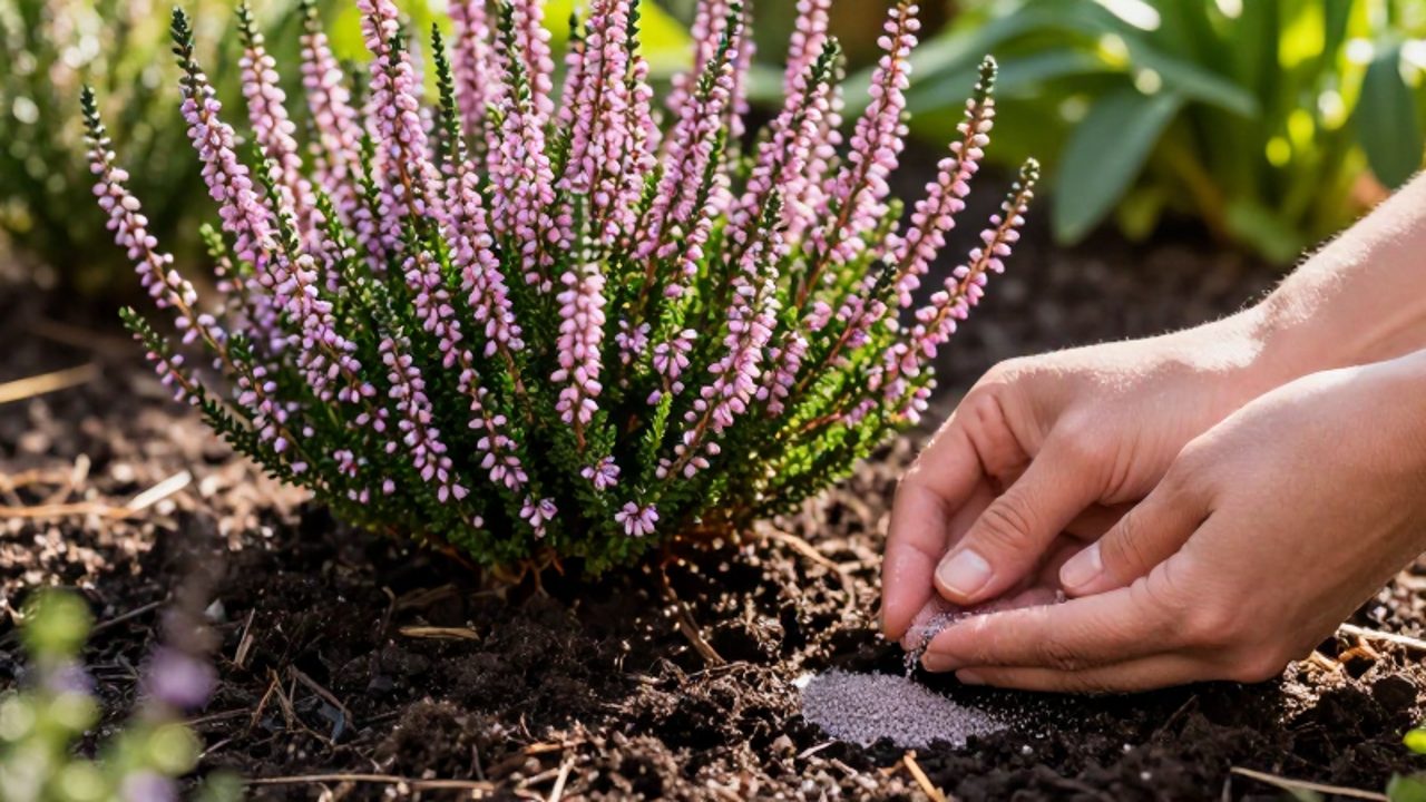 Manos de un jardinero esparciendo fertilizante granulado sobre el suelo húmedo en la base de un brezo con flores rosadas y moradas.