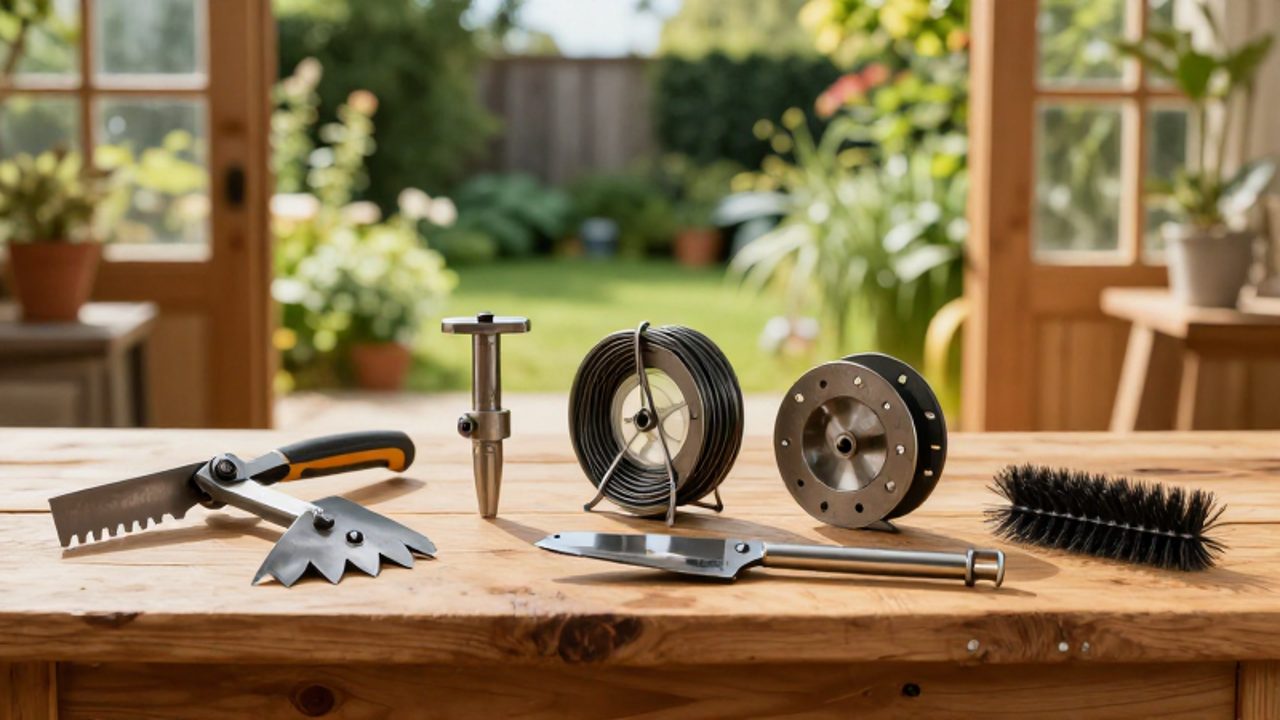 Diversos accesorios de acero para desbrozadoras y cortasetos organizados sobre un banco de madera en un taller de jardín.