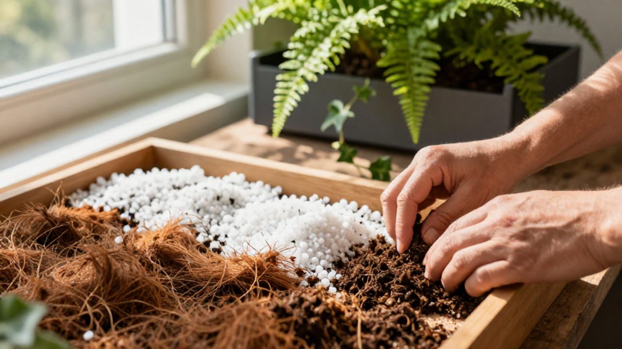 Unas manos mezclan fibra de coco, perlita y compost en una bandeja de madera para preparar el sustrato, con un jardín vertical de helechos al fondo.
