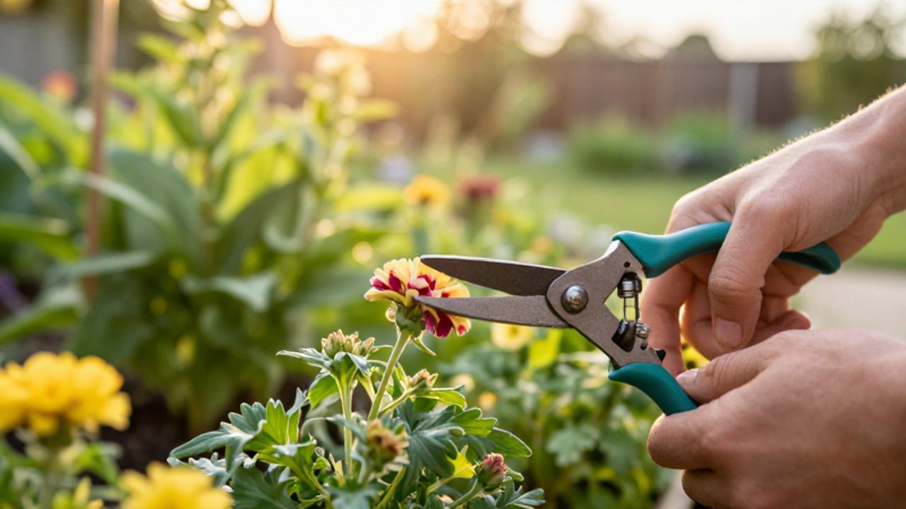 Manos de un jardinero recortando con tijeras profesionales el tallo de una flor perenne en un jardín soleado.