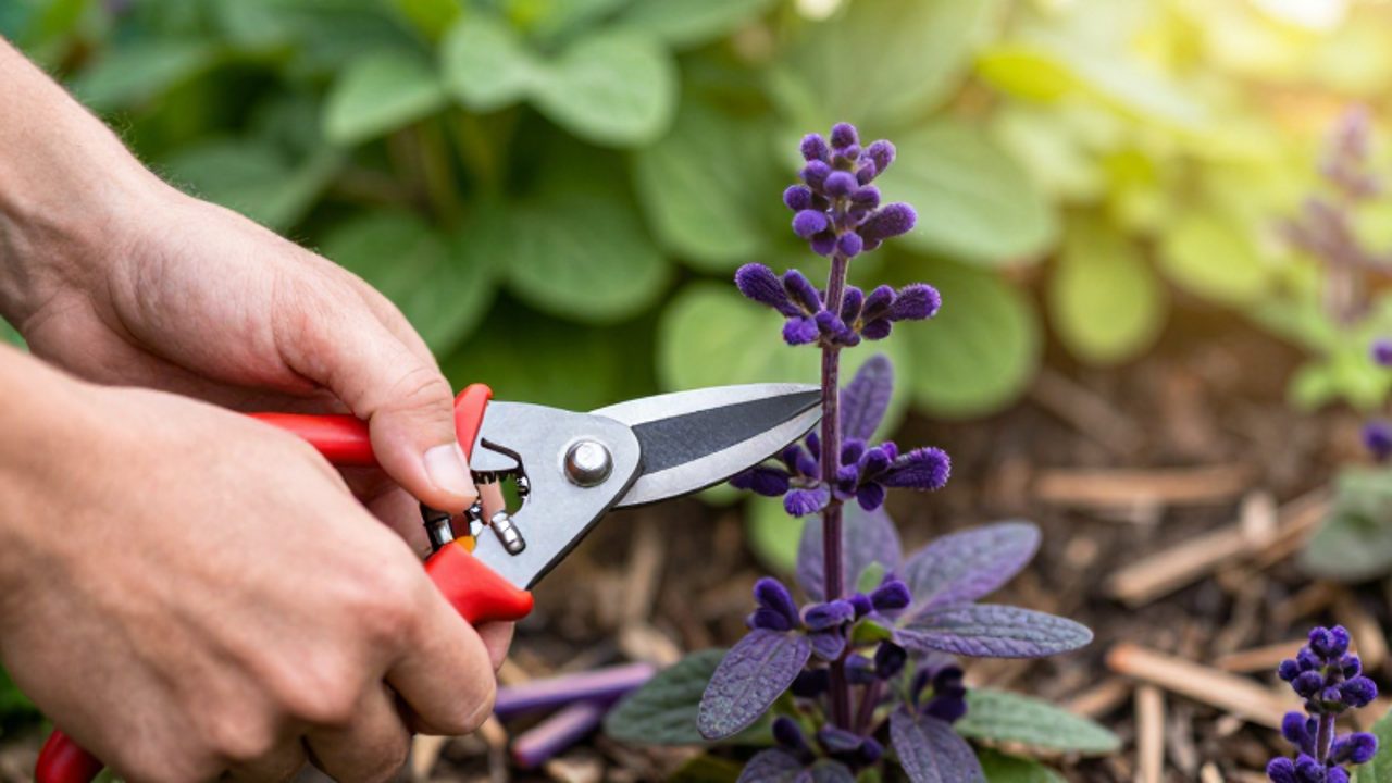 Unas manos utilizan unas tijeras de podar para cortar con cuidado el tallo de una planta de salvia de color púrpura en un jardín.