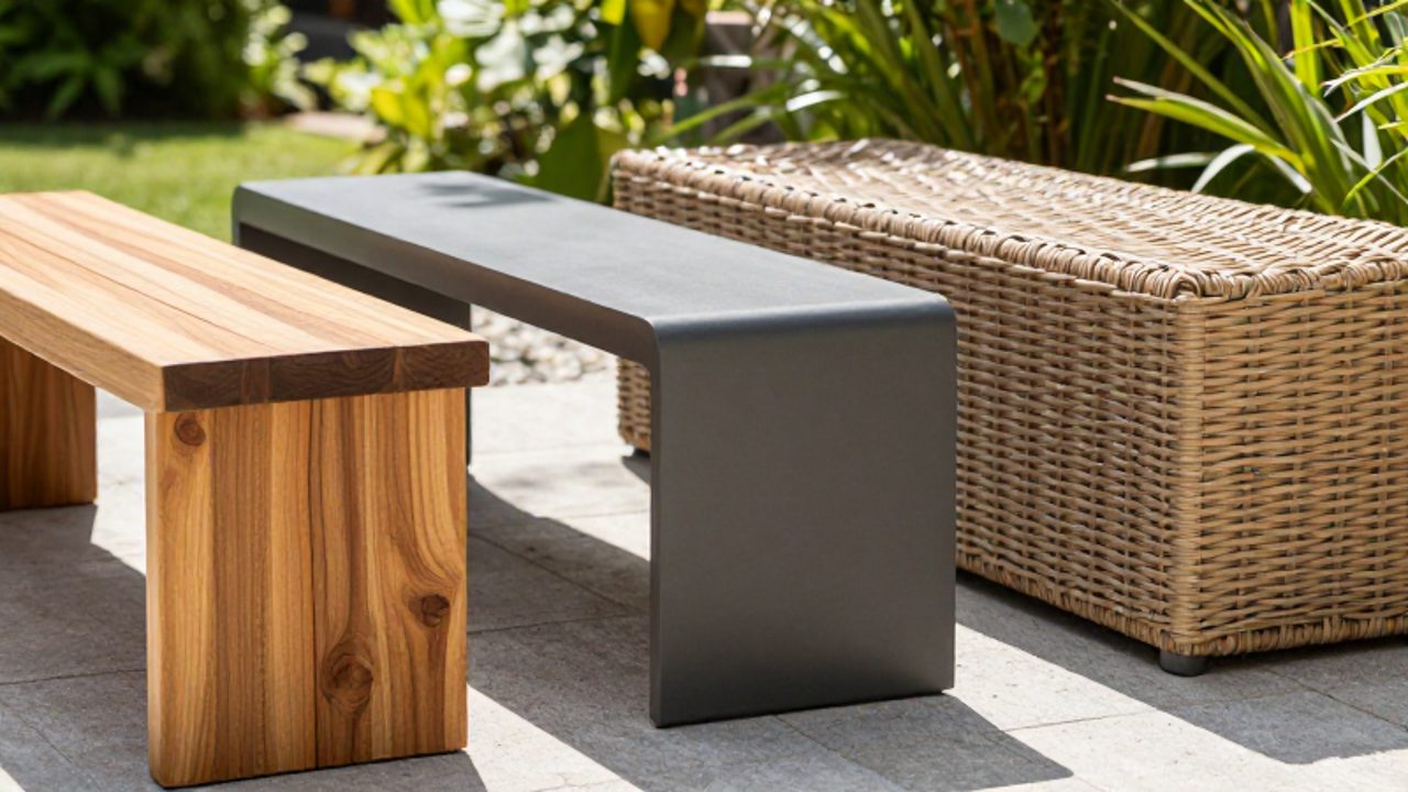 Tres muestras de texturas de bancos de jardín dispuestas en un patio de piedra: madera de teca pulida, estructura de acero mate y ratán sintético tejido.