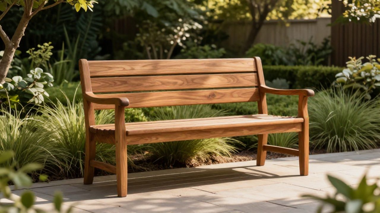 Banco de madera de teca para dos personas situado en un patio de piedra rodeado de vegetación y plantas de jardín.