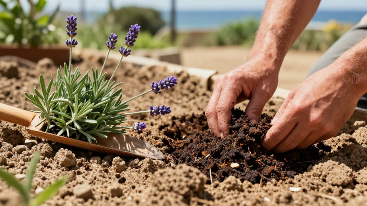 Unas manos mezclan compost y yeso en un suelo arenoso para mejorar su calidad, con una rama de lavanda sobre una paleta de madera en primer plano.