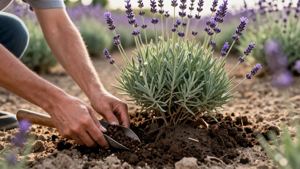 Manos de un jardinero aplicando compost orgánico alrededor de la base de una planta de lavanda en un suelo arenoso.