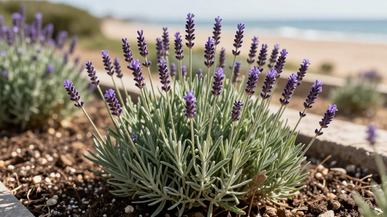 Plantas de lavanda con flores moradas y hojas verde plateado creciendo en un lecho de jardín enriquecido frente a un paisaje de dunas costeras.