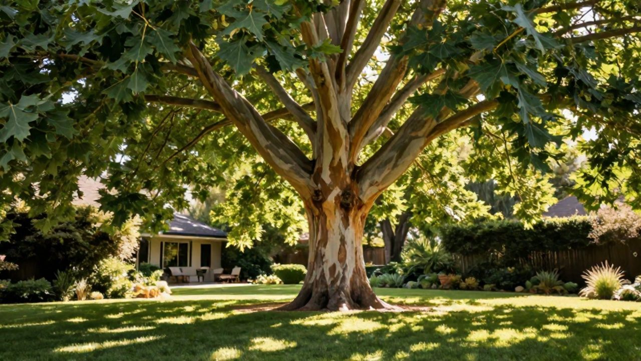 Gran plátano americano con tronco moteado y una amplia copa de hojas verdes que proyecta una sombra densa sobre un jardín soleado.