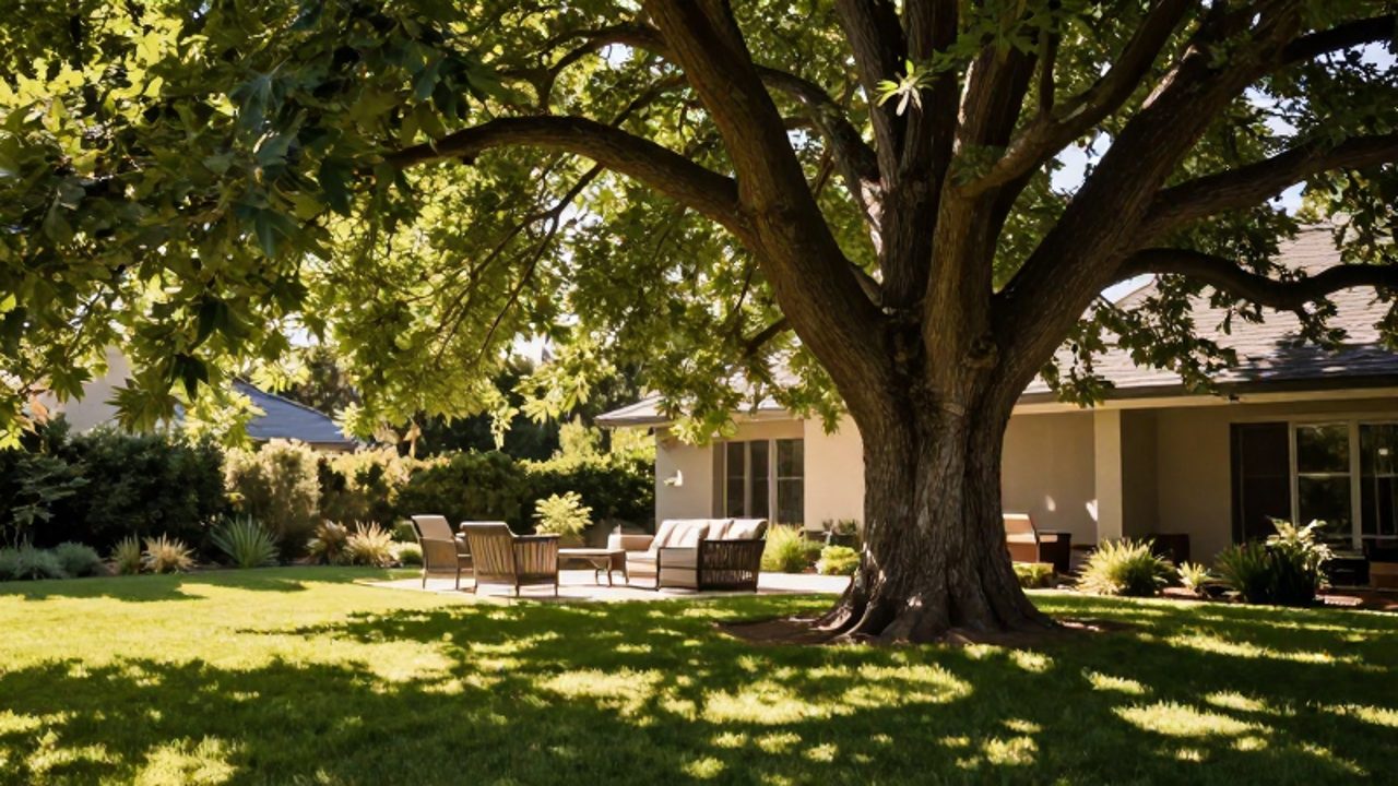 Un gran árbol caduco proyecta una sombra fresca sobre un patio residencial, creando un área de descanso protegida del intenso sol de verano.