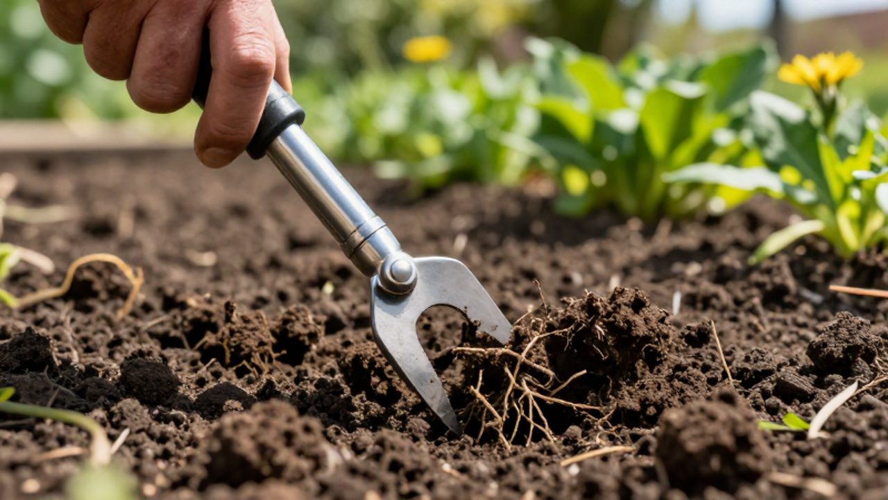 Una mano utiliza una herramienta de acero inoxidable para extraer la raíz de un diente de león de la tierra oscura en un jardín.