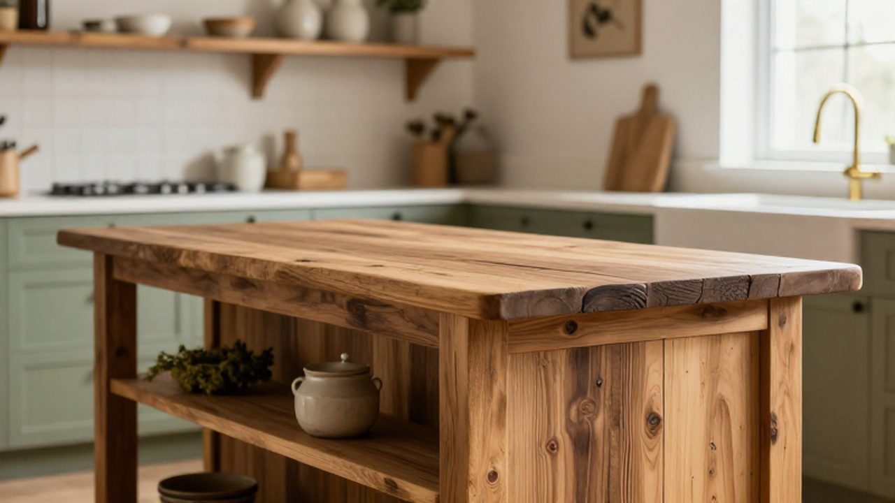 Isla de cocina central fabricada con tablones de madera recuperada con texturas marcadas, situada en un ambiente luminoso con estanterías de madera y tarros de cerámica.