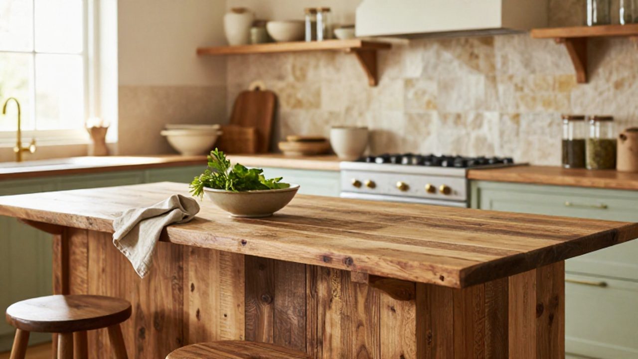 Cocina rústica y luminosa con una isla de madera recuperada, estanterías de madera con alfarería y una encimera con hierbas frescas.
