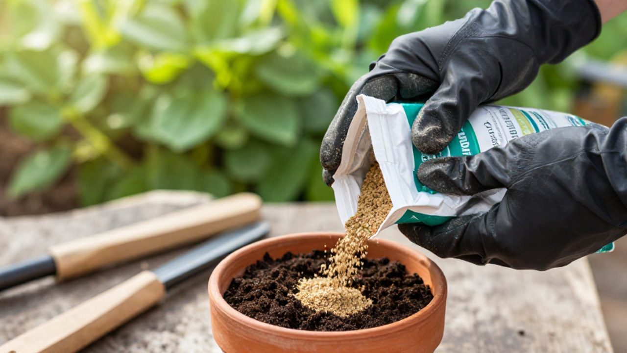 Manos con guantes de nitrilo grueso vertiendo fertilizante granulado en una maceta con tierra.