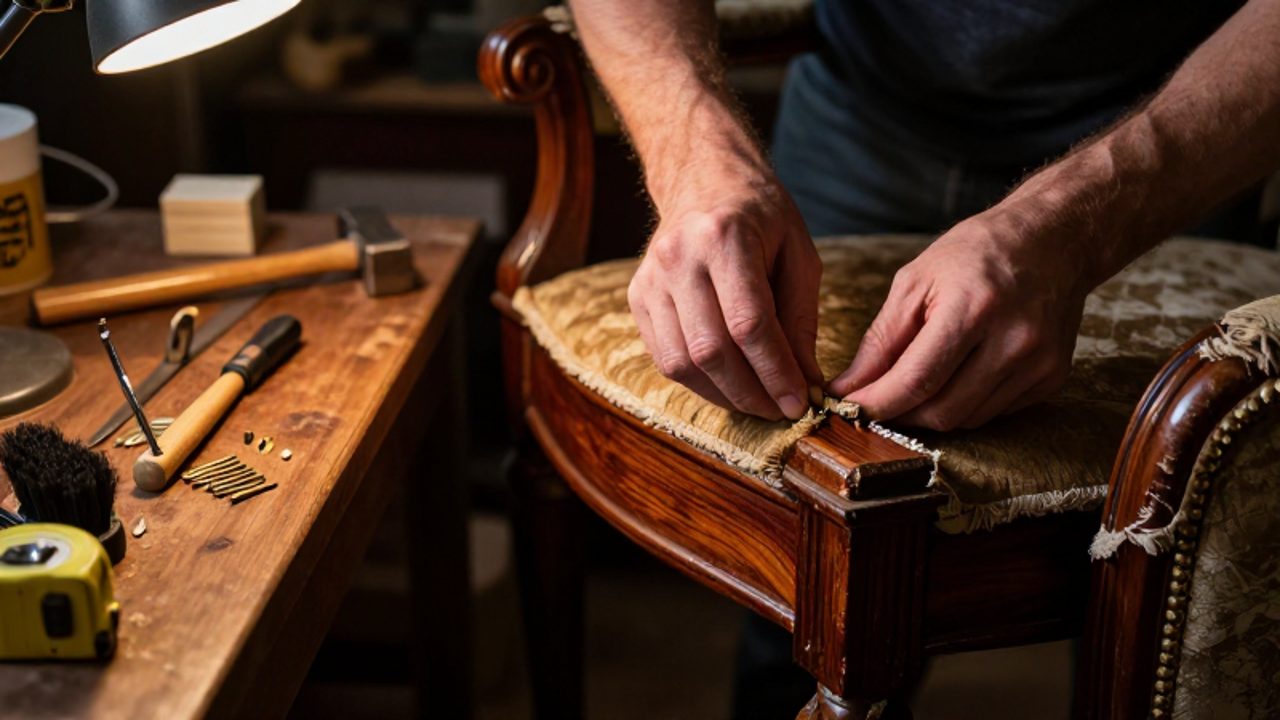 Manos de un artesano desmontando con cuidado el tapizado de un sillón de madera de caoba sobre un banco de herramientas en un taller.