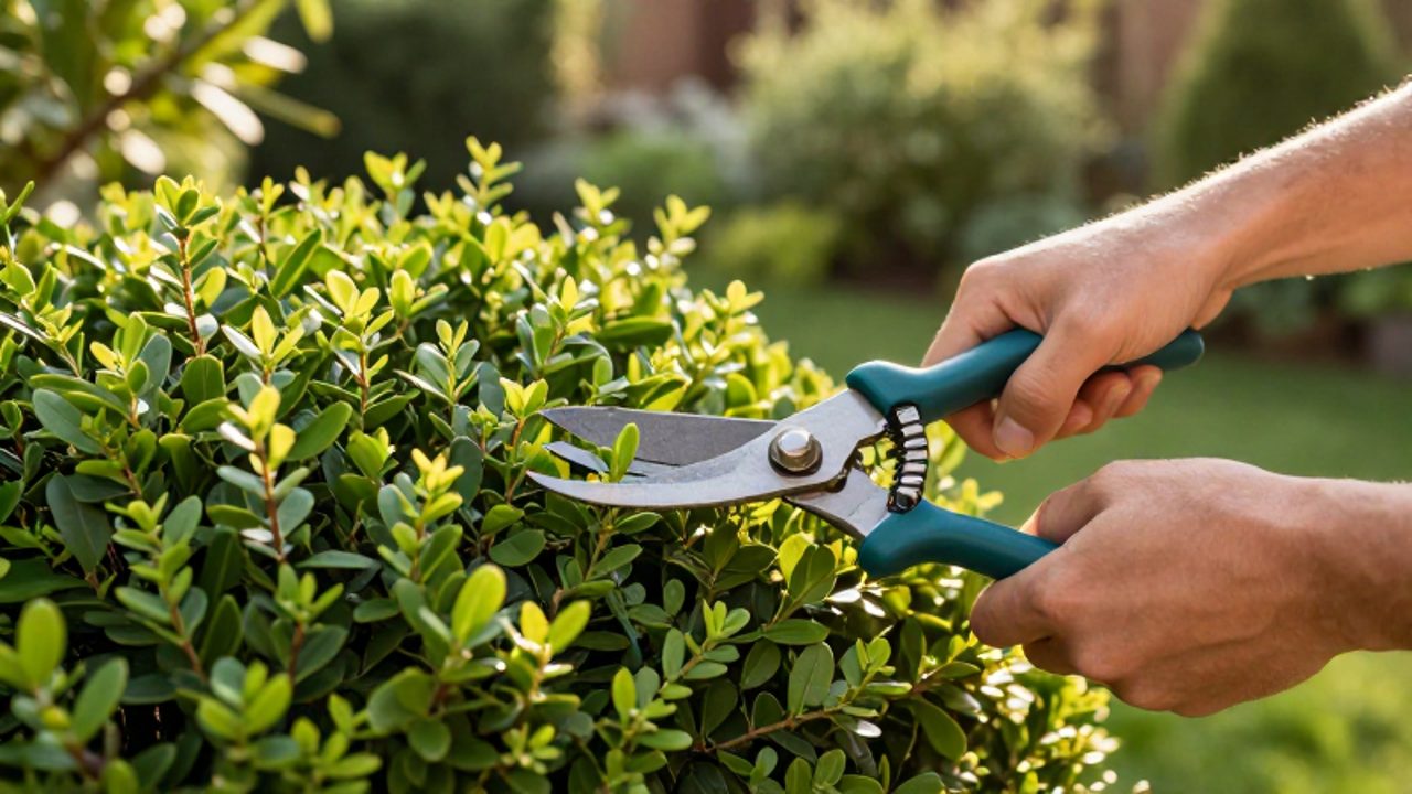 Manos de un jardinero recortando con precisión el follaje de un arbusto verde utilizando tijeras de seto manuales.