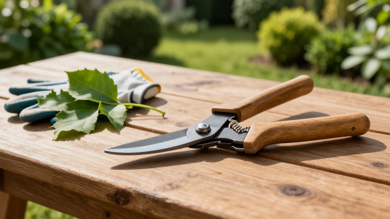 Tijeras de seto de acero con mangos de madera sobre un banco de madera, junto a restos de poda y un guante, con un jardín soleado de fondo.