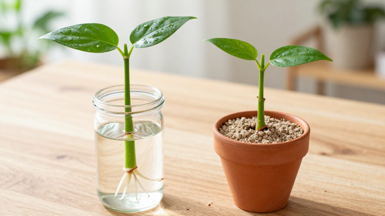 Comparación de dos esquejes de Pachira aquatica: uno con raíces creciendo en un frasco con agua y otro plantado en una maceta de terracota con sustrato.