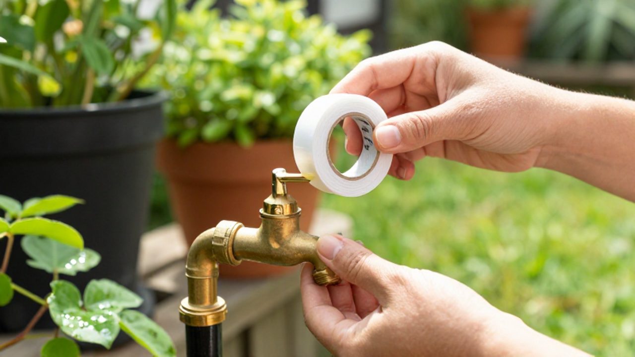 Unas manos aplican cinta de teflón para instalar un temporizador de riego por goteo en un grifo en un jardín.