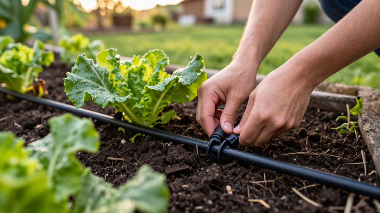 Manos instalando una tubería de riego por goteo junto a plantas de un huerto sobre tierra húmeda.