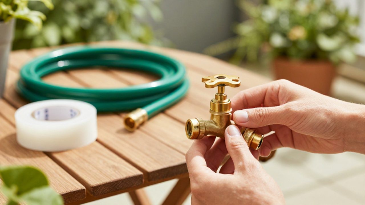Unas manos instalan un temporizador de riego automático en un grifo exterior sobre una mesa de madera en un jardín.