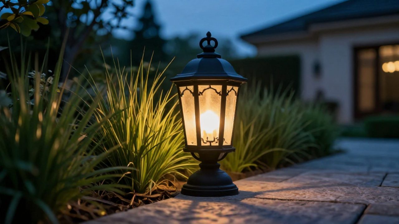 Farol de hierro forjado de estilo clásico iluminado con luz cálida junto a un camino de piedra en un jardín al atardecer.