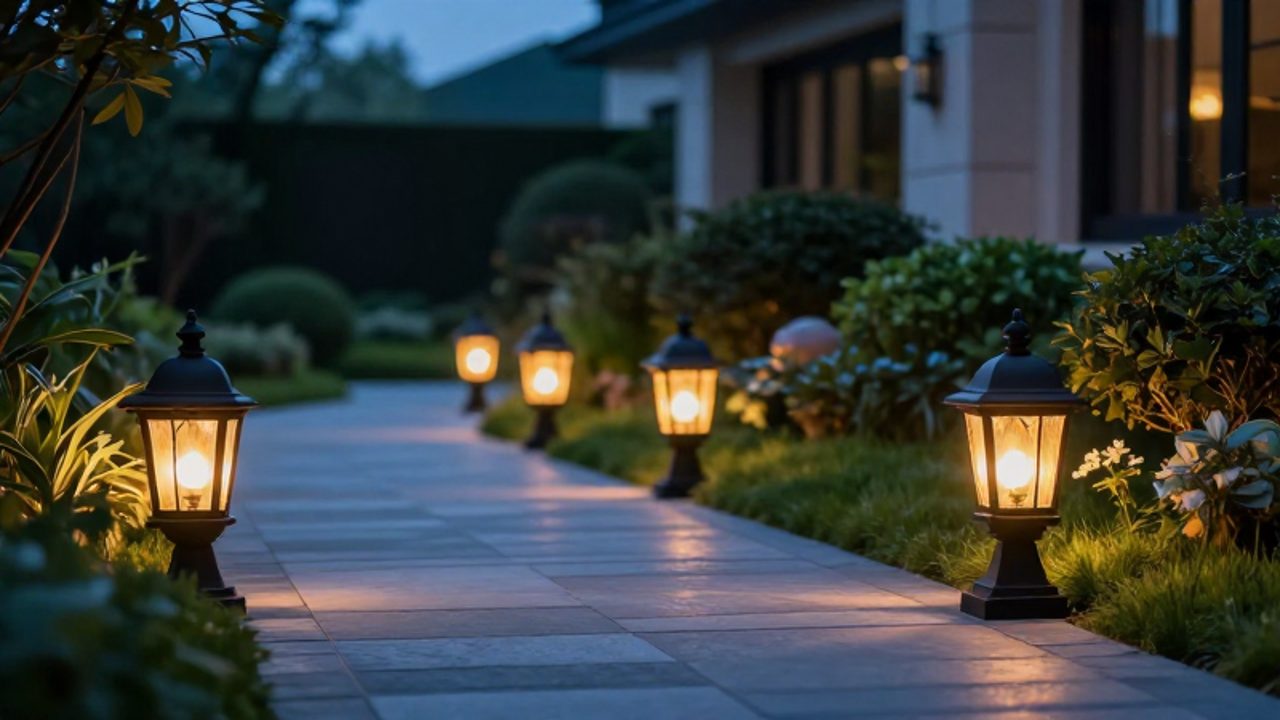 Faroles de hierro negro con luz cálida iluminan un sendero de piedra en un jardín cuidado durante el atardecer.