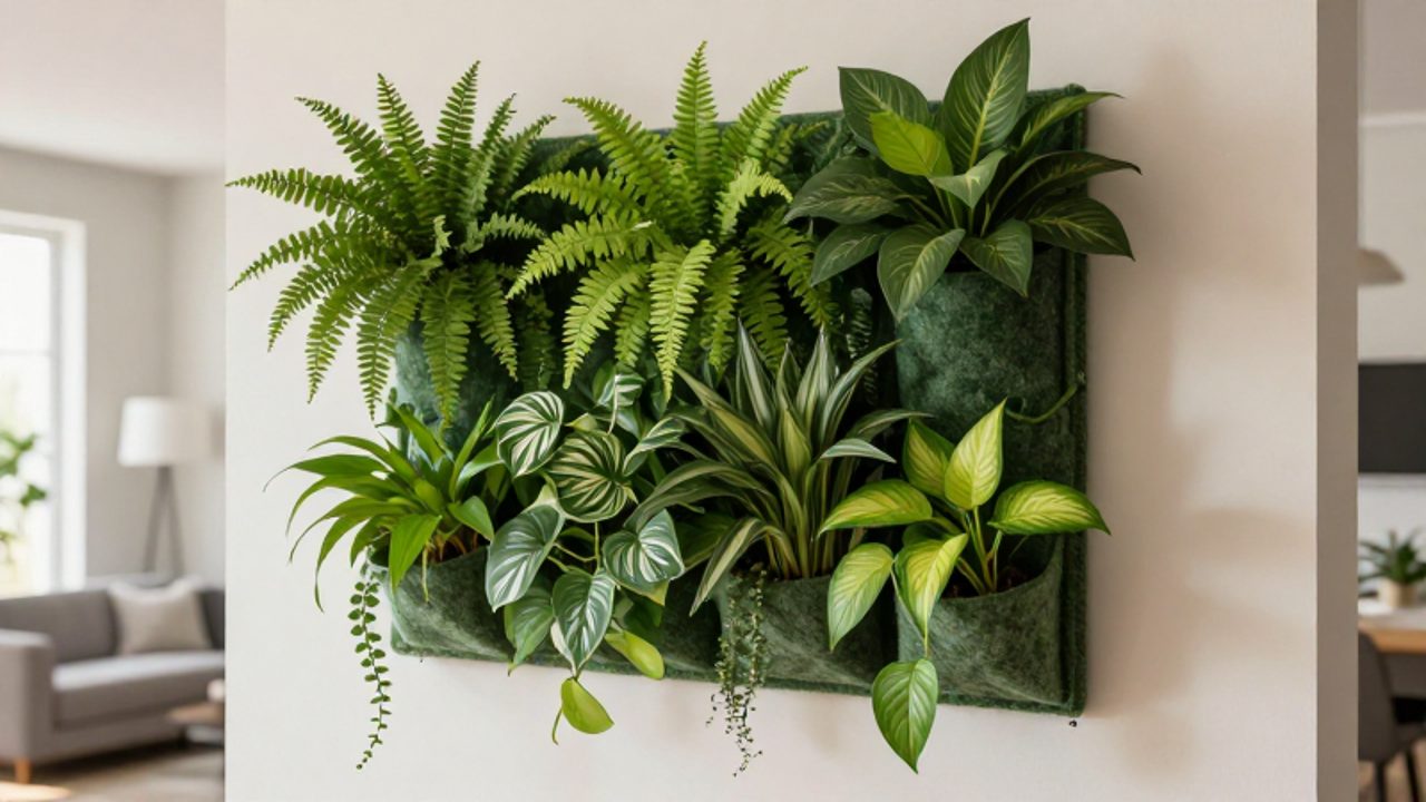 Muro verde vertical con diversos helechos, potos y calatheas organizados en bolsillos de fieltro sobre una pared de una sala moderna.