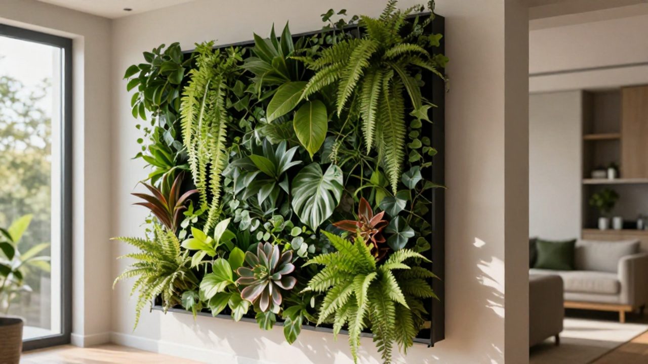 Muro verde vertical compuesto por diversos tipos de plantas como helechos, hiedras y suculentas instalado en una luminosa sala de estar moderna.