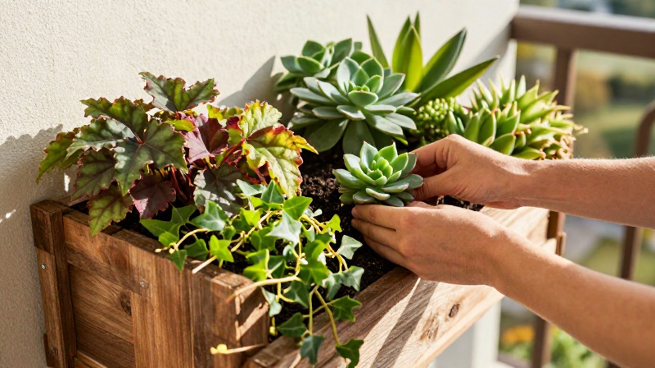 Unas manos trasplantan una suculenta en un jardín vertical de madera con diversas plantas verdes sobre un balcón soleado.