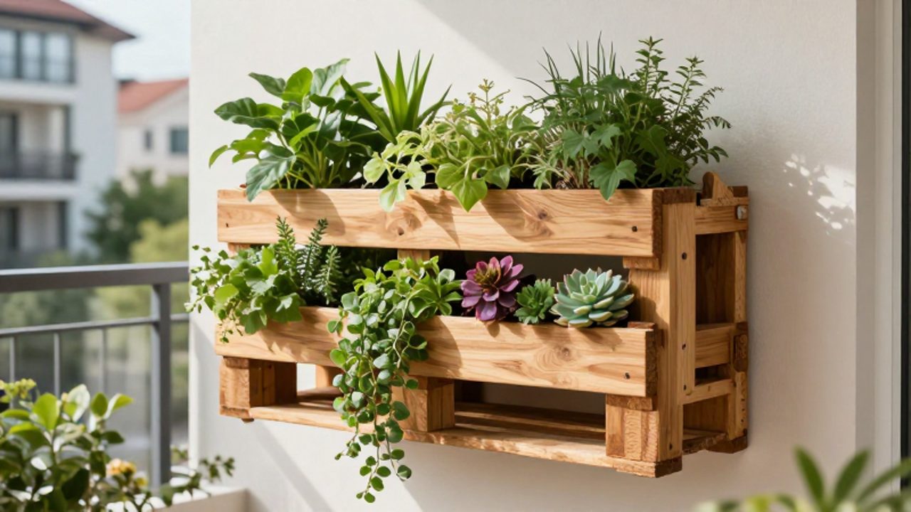 Jardín vertical de madera montado en la pared de un balcón con diversas plantas verdes, hierbas aromáticas y pequeñas flores.