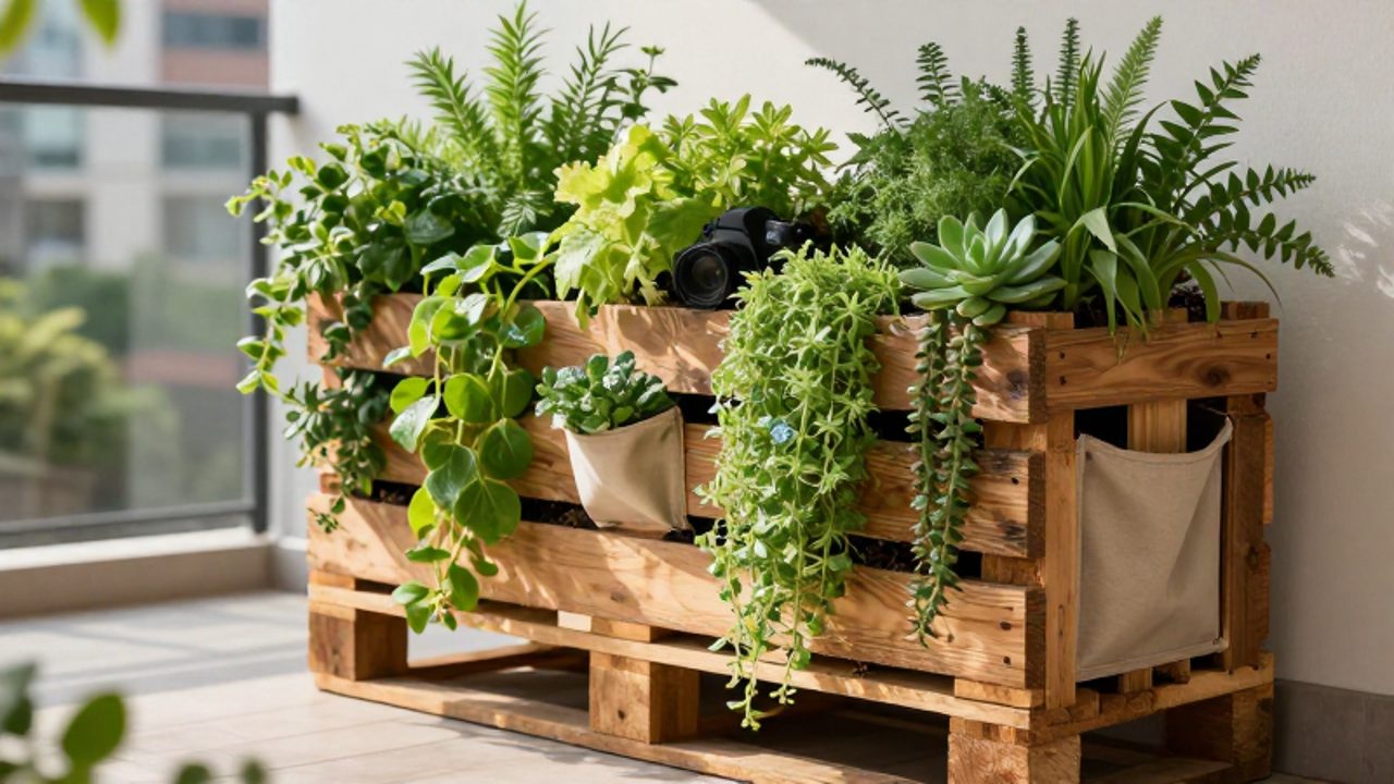 Jardín vertical con diversas plantas verdes y suculentas creciendo entre las tablas de un palet de madera colgado en una pared de patio.