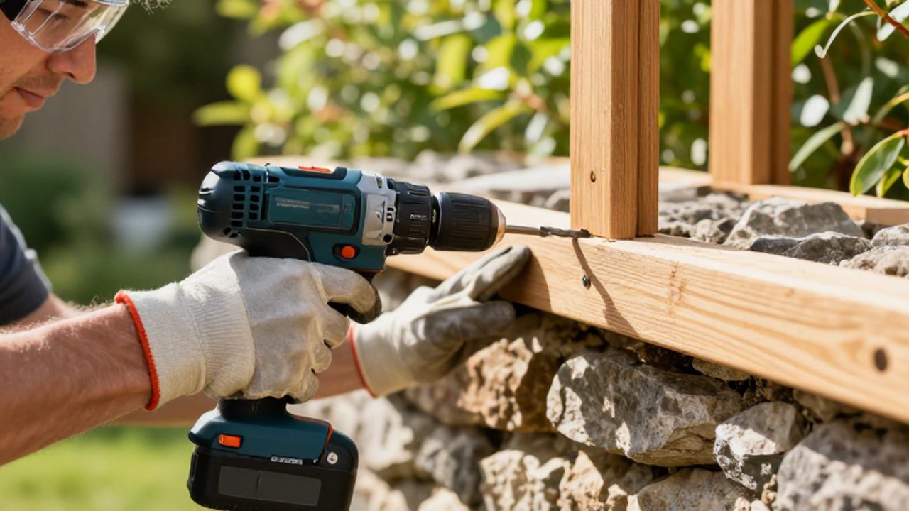 Manos con guantes de protección y gafas de seguridad utilizan un taladro inalámbrico para instalar una celosía de madera en un muro de piedra.