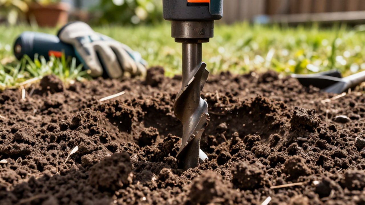 Un taladro de potencia penetra la tierra arcillosa y compacta en un jardín.