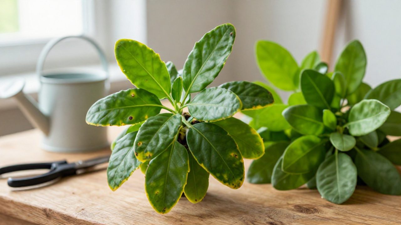 Comparativa entre una planta de Ruscus con hojas amarillentas y manchas marrones frente a un ejemplar sano y vibrante sobre una mesa de madera.