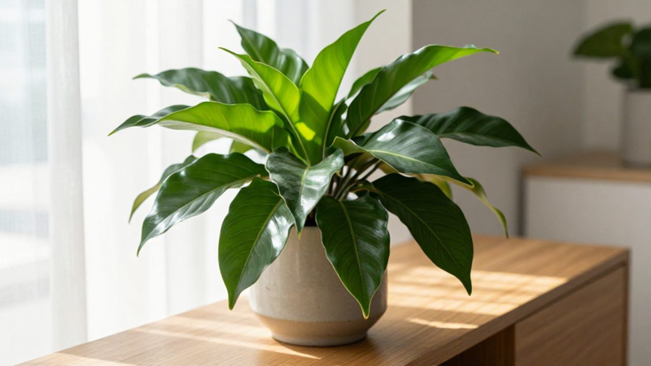 Planta de Ruscus con hojas verdes brillantes ubicada en una maceta cerámica sobre una mesa de madera cerca de una ventana iluminada.