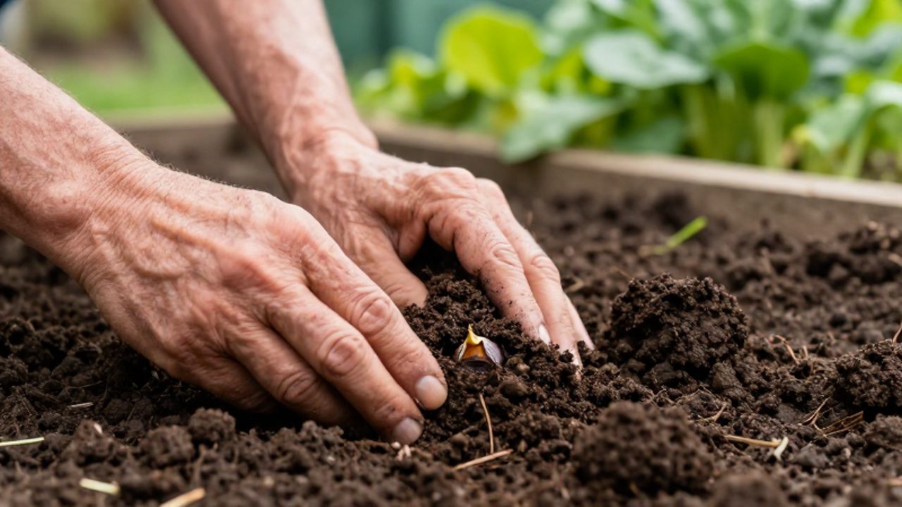 Unas manos integran compost oscuro en la tierra alrededor de un bulbo recién plantado para mejorar la calidad del suelo.