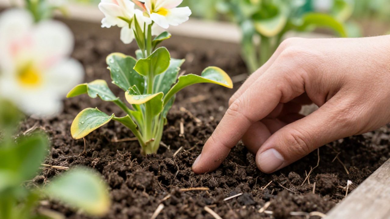 Una mano de jardinero comprueba la humedad de la tierra con el dedo en la base de una planta con hojas amarillentas.