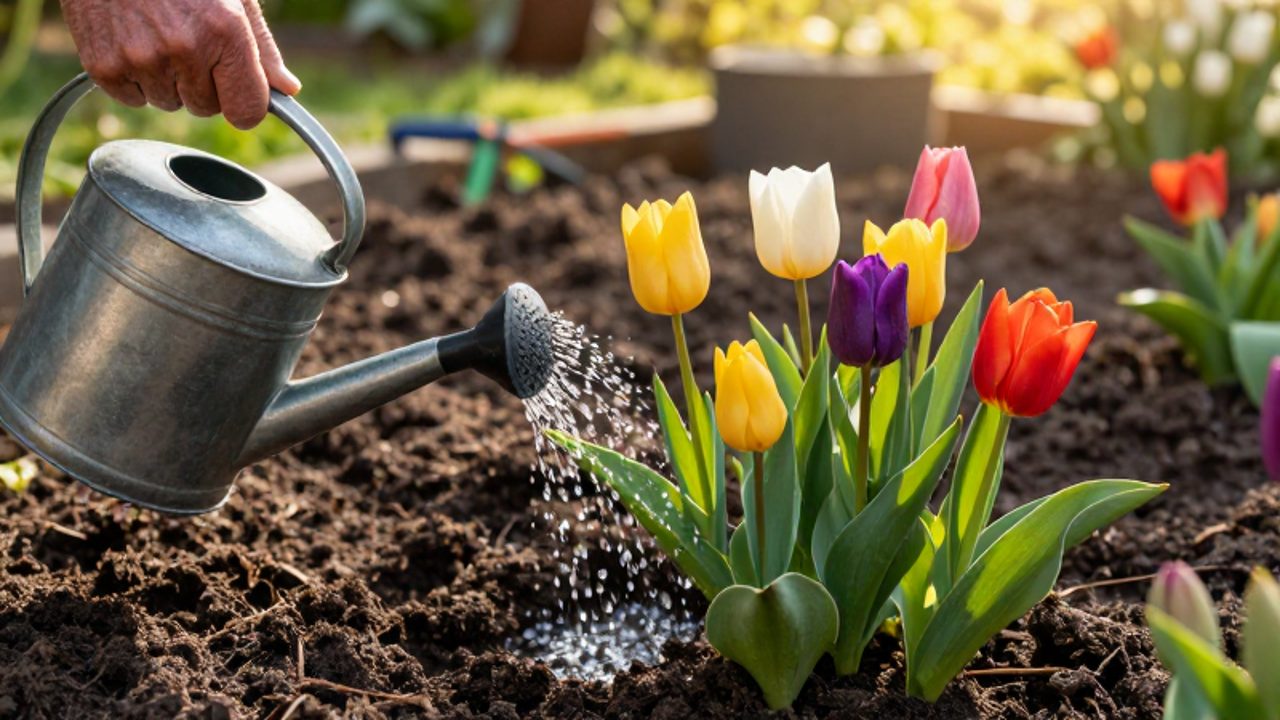 Una mano riega con una regadera un grupo de tulipanes y bulbos de colores en un jardín soleado.