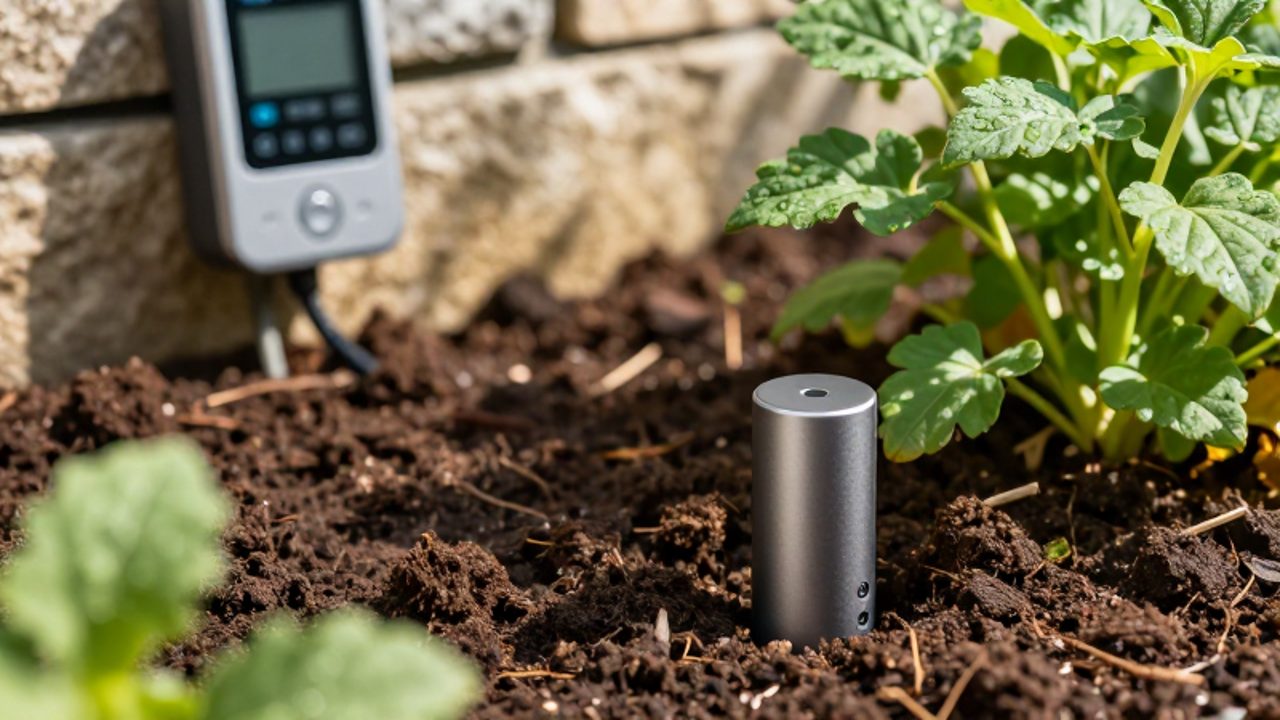 Un sensor de humedad se inserta en tierra fértil junto a una planta verde, con un controlador de riego inteligente instalado en un muro al fondo.