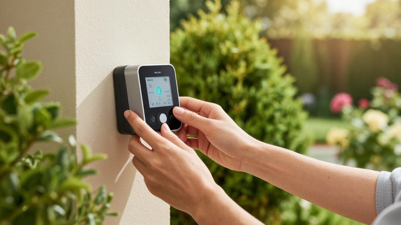Unas manos ajustan con precisión el panel de un controlador de riego inteligente instalado en una pared frente a un jardín frondoso.