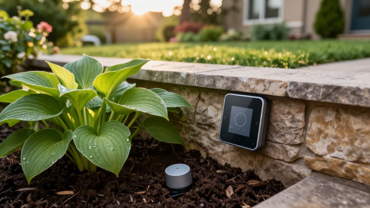 Un controlador de riego inteligente instalado en una pared de piedra junto a un sensor de humedad clavado en la tierra húmeda de un jardín frondoso.