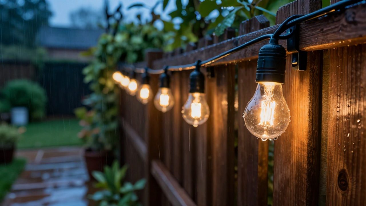 Guirnalda de luces LED encendidas con luz cálida sobre una valla de madera en un jardín bajo una lluvia ligera.