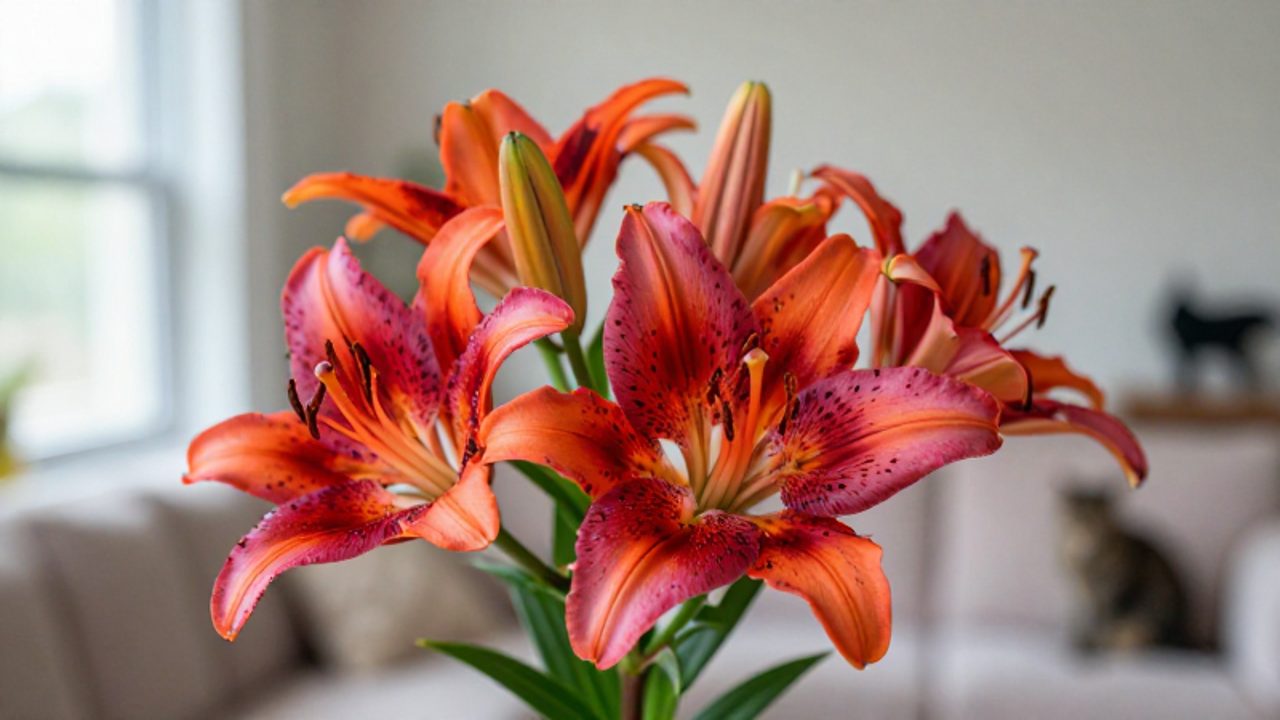 Primer plano de lirios tipo Stargazer y orientales con manchas naranjas y rosas en un entorno doméstico junto a la silueta de un gato.
