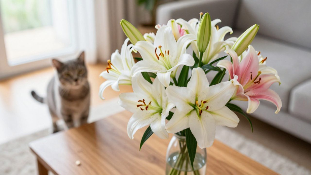 Un ramo de lirios blancos y rosas en un jarrón sobre una mesa, con un gato observándolos con curiosidad al fondo.