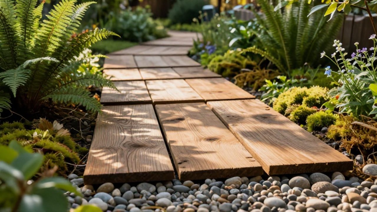 Camino de jardín serpenteante construido con tablones de madera reciclada entre plantas verdes y helechos.