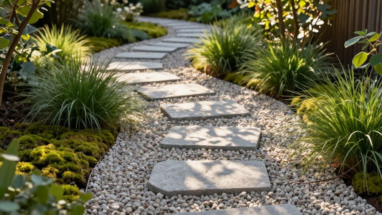 Camino de jardín sostenible compuesto por grava gris y piedras irregulares que serpentea entre plantas ornamentales y musgo.