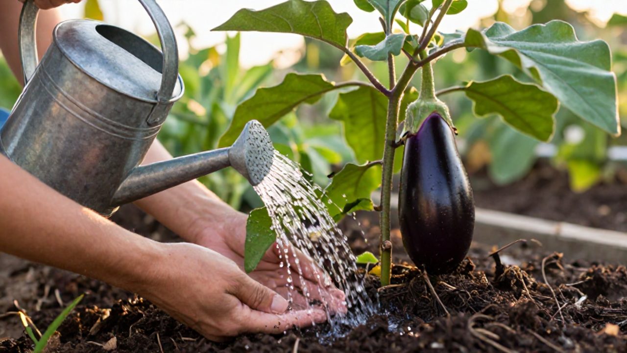 Unas manos riegan la base de una planta de berenjena con una regadera, mostrando la tierra húmeda y un fruto morado maduro en el fondo.