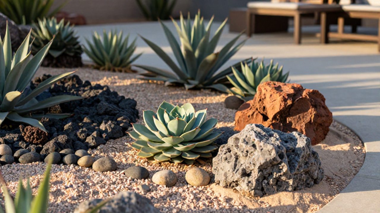 Variedad de suculentas, como agaves y echeverias, dispuestas entre piedras de río, rocas de granito y grava clara en un jardín de xeriscape.