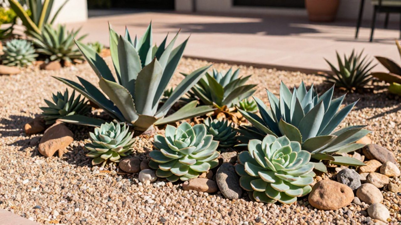 Agaves y echeverias organizados en un lecho de jardín de xeriscape rodeados de grava decorativa y piedras de río.