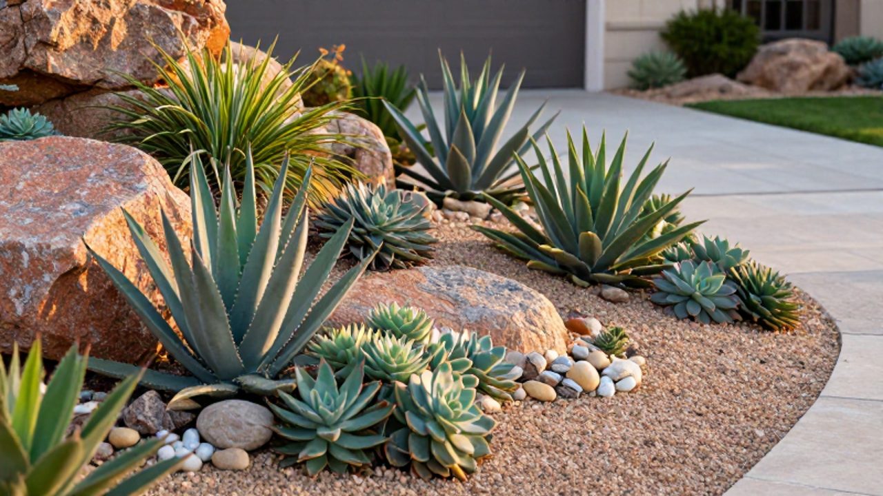 Diseño de jardín xeriscape con diversos tipos de suculentas, piedras decorativas y rocas de granito bajo la luz del atardecer.