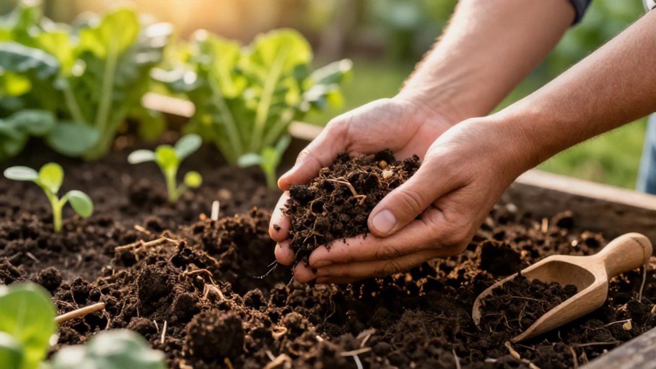 Unas manos sostienen un puñado de tierra orgánica oscura y rica en nutrientes frente a un huerto de vegetales verdes.